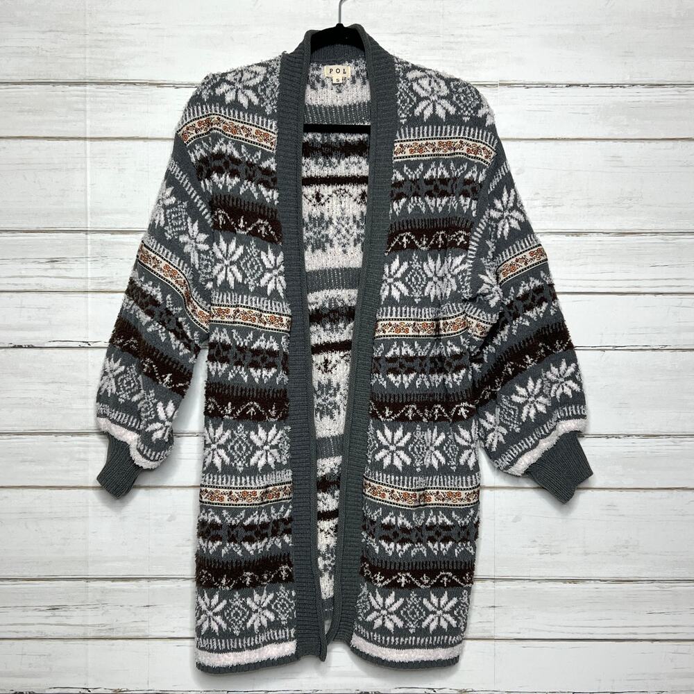 POL Knit Cardigan Sweater Green Size Small Snowflake Chenille Boho